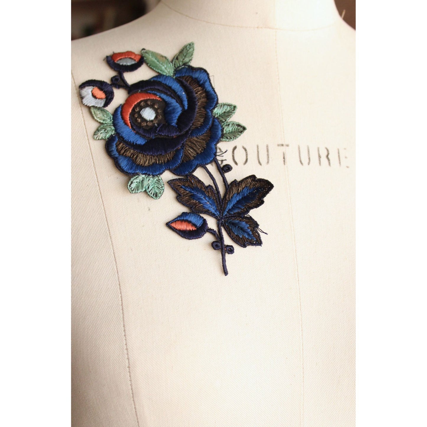 Blue Rose Applique, 5.75" long each. 3" width, Sew On Patch