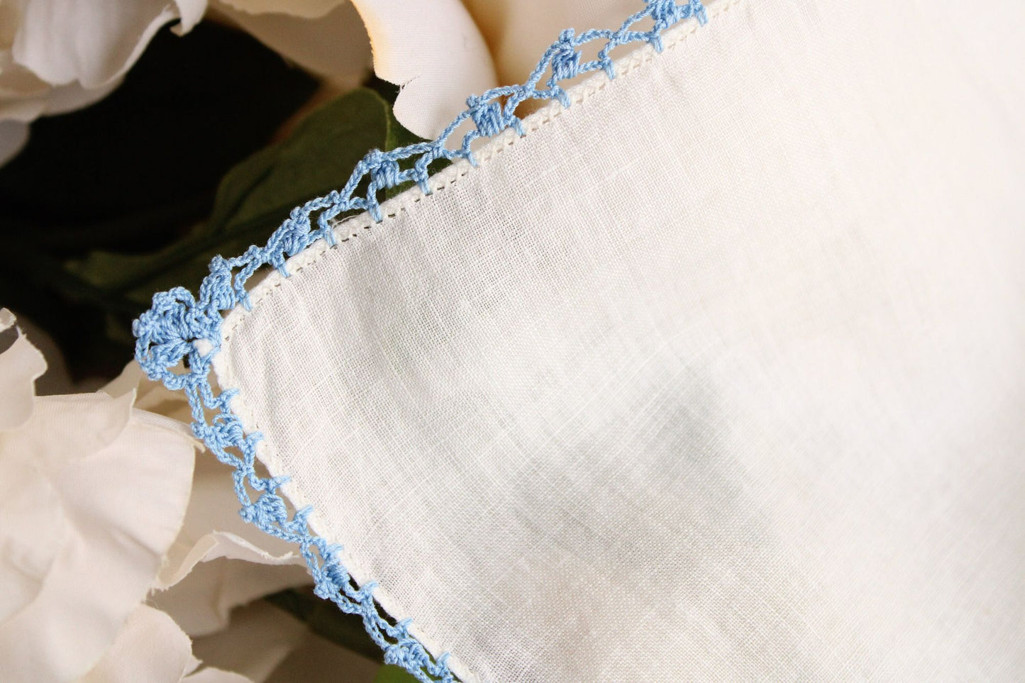 Vintage Blue Crochet Lace Trim on White Linen Hanky