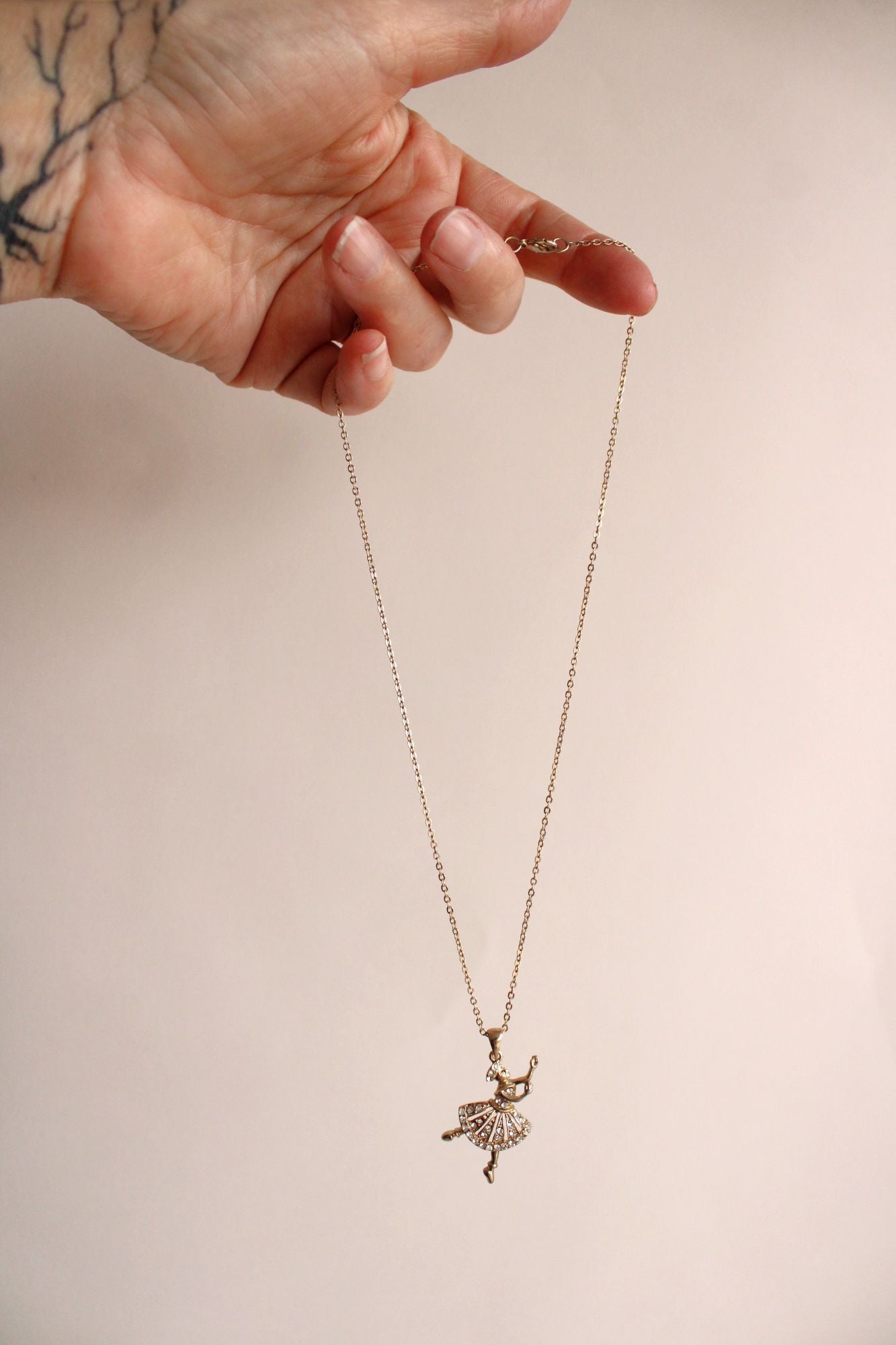 Ballerina Necklace, gold tone chain, gold and rhinestone