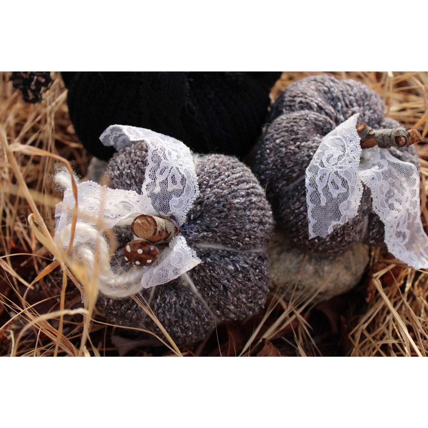 Mini Knit Pumpkin Pillow Pouf in Gray with Vintage Lace, Toadstools, and Wooden Stem