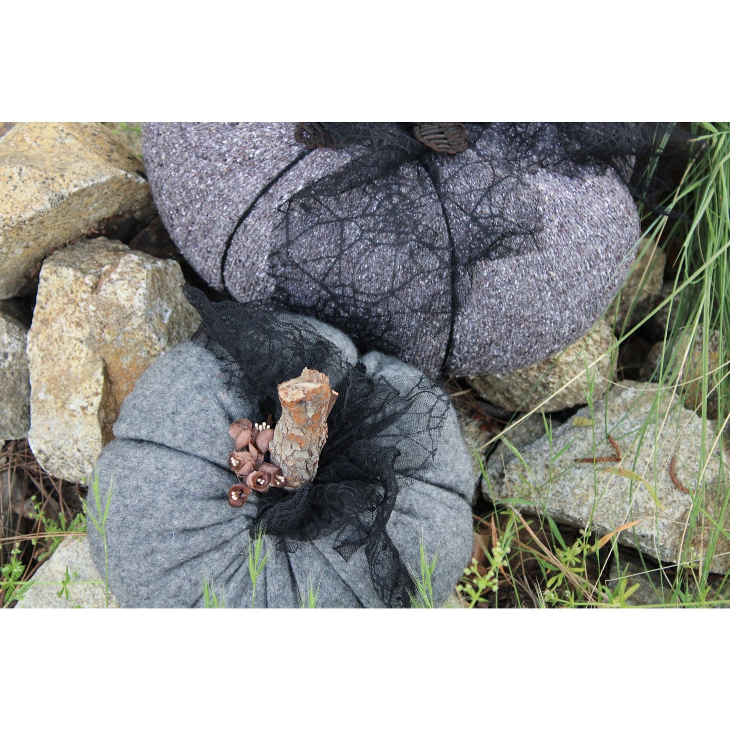 Knit Gray Cashmere Pumpkin Pillow With Black Lace, Flowers and a Stick Stem