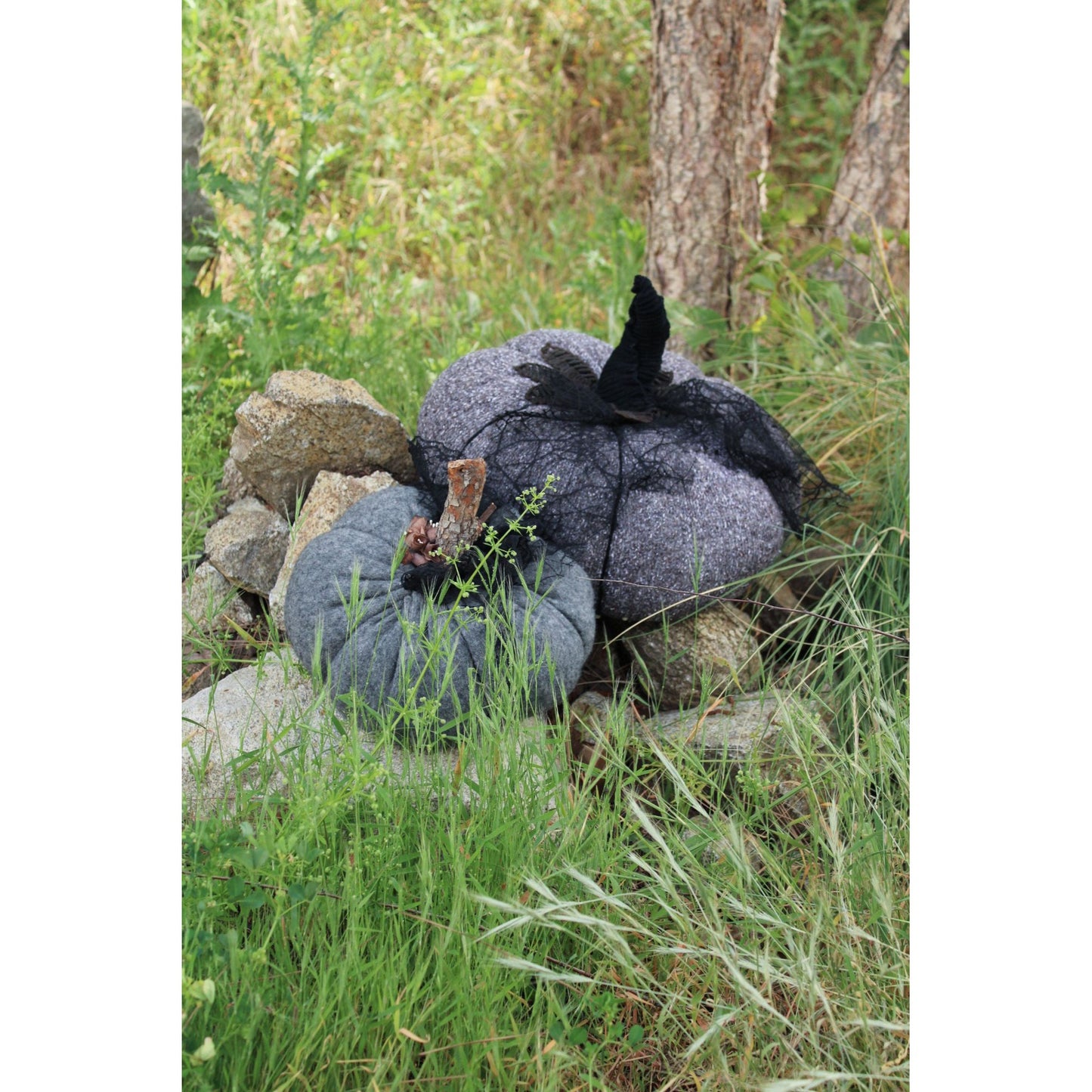 Extra Large Knit Pumpkin Pillow Pouf in Gray Tweed With Black Spiderweb Lace