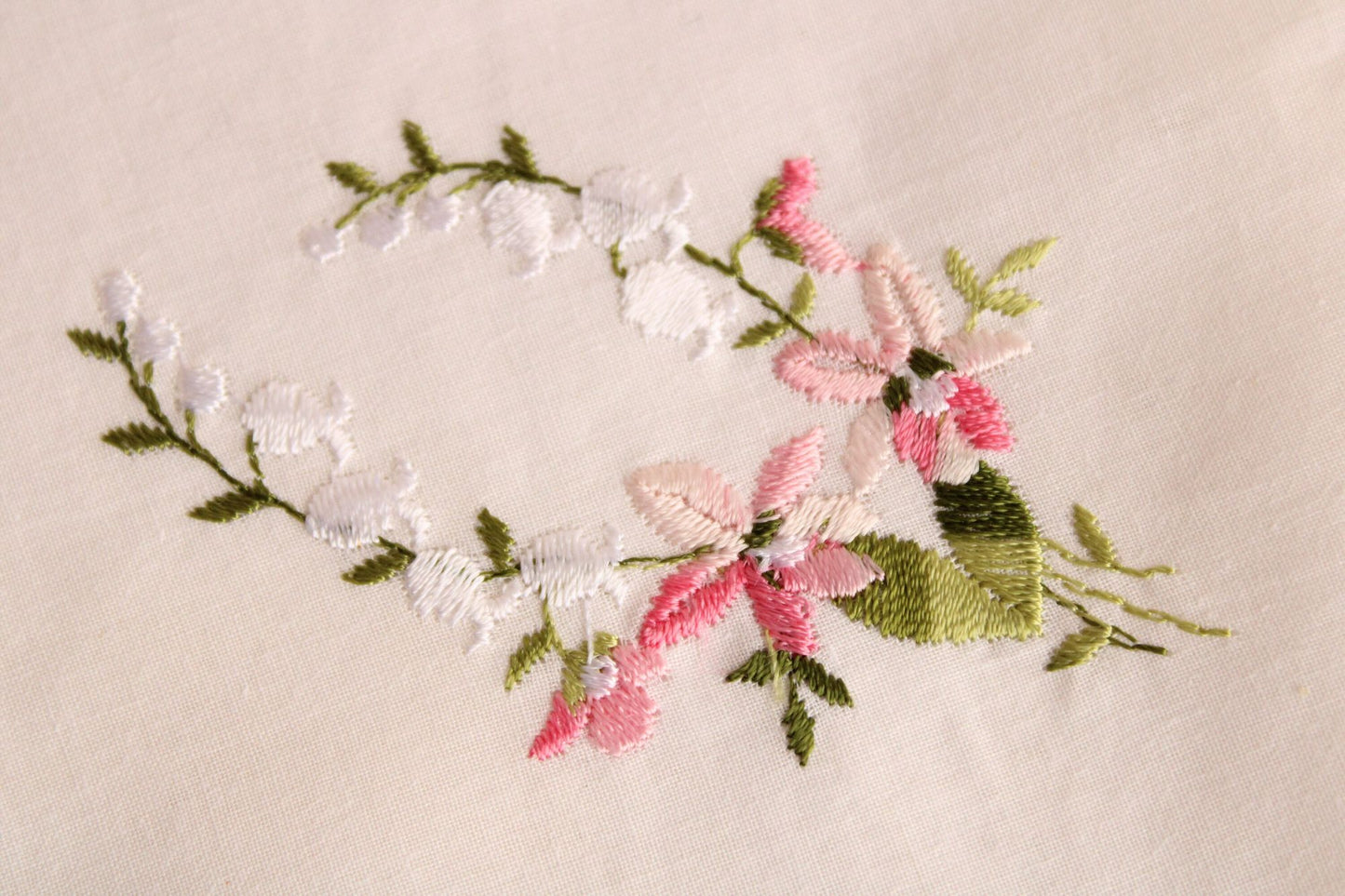 Vintage White Cotton With Pink Embroidered Flowers Hankie