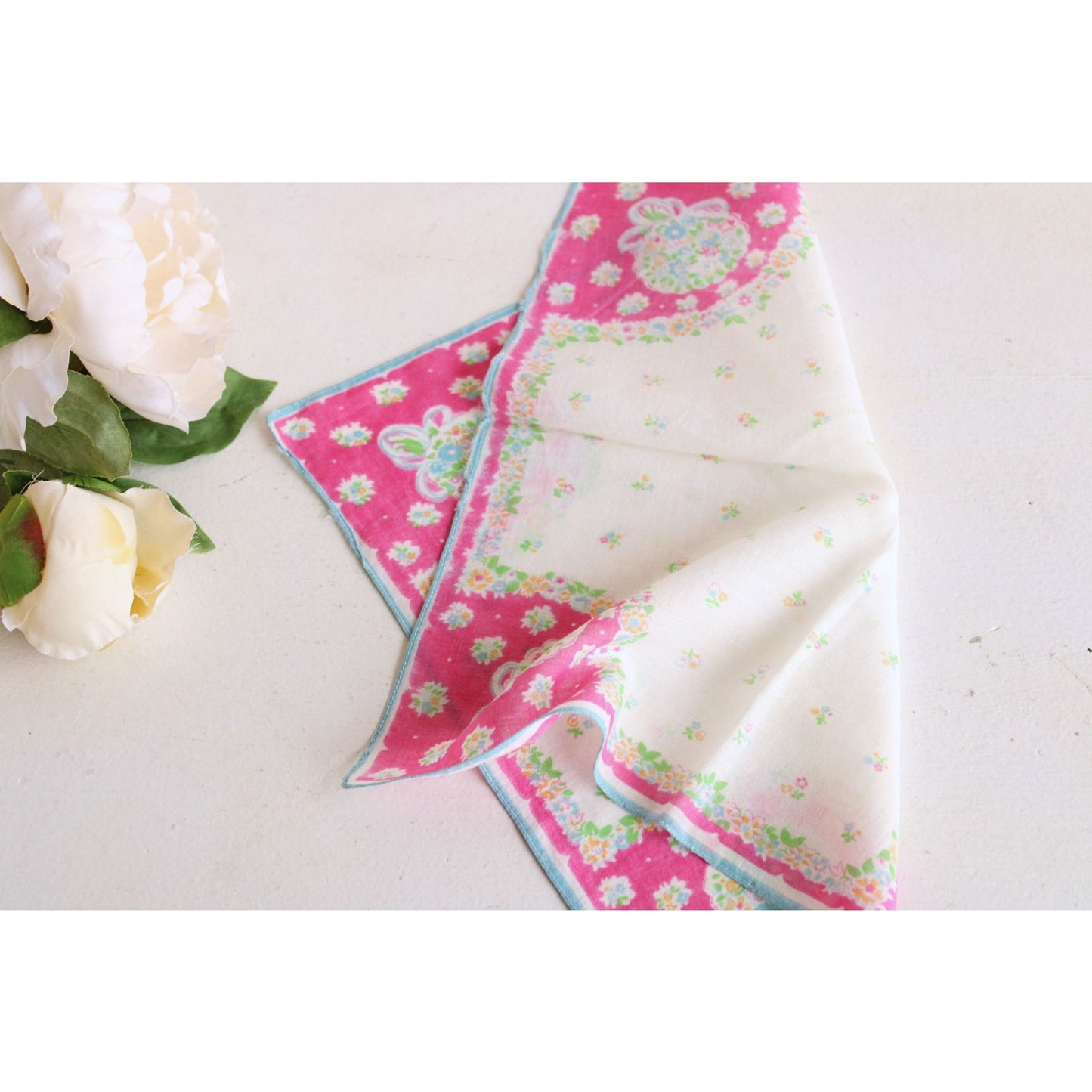 Vintage 1950s Pink Ribbons and Flowers Hanky