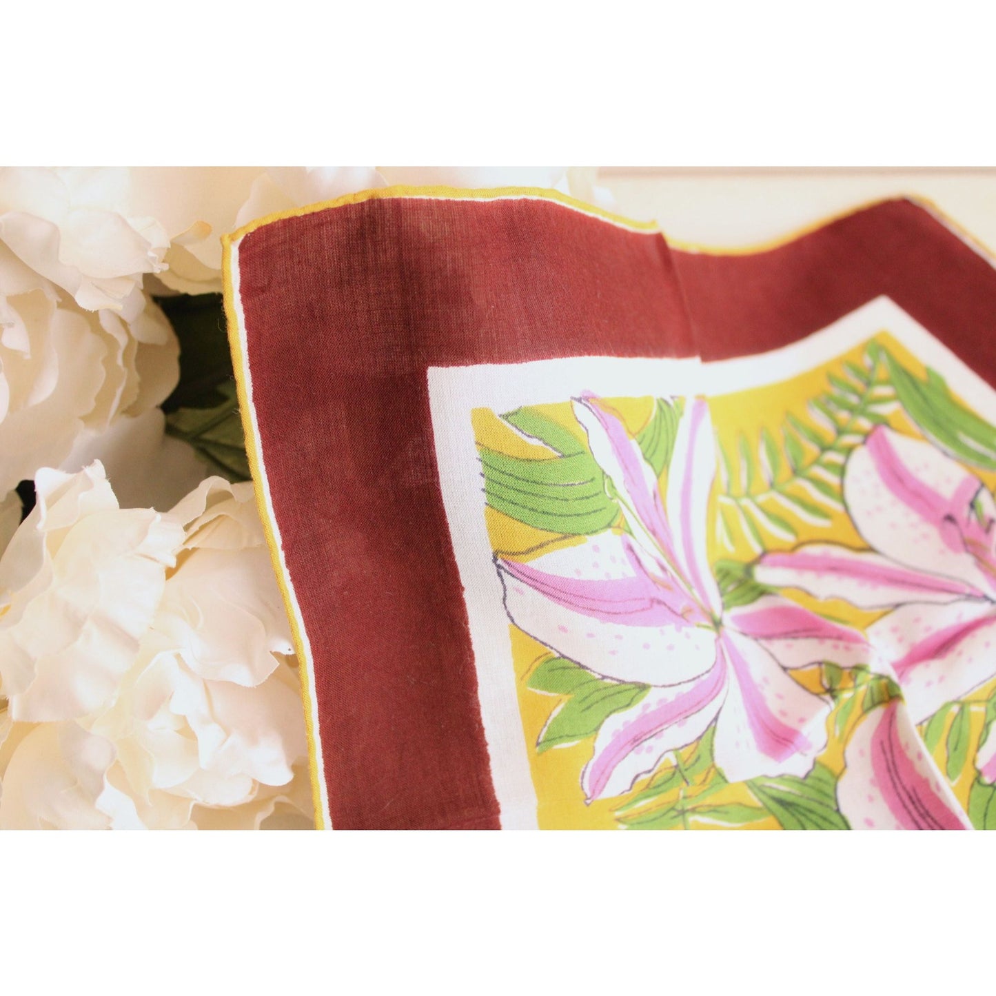 Vintage Lily Flower Print Cotton Hankie
