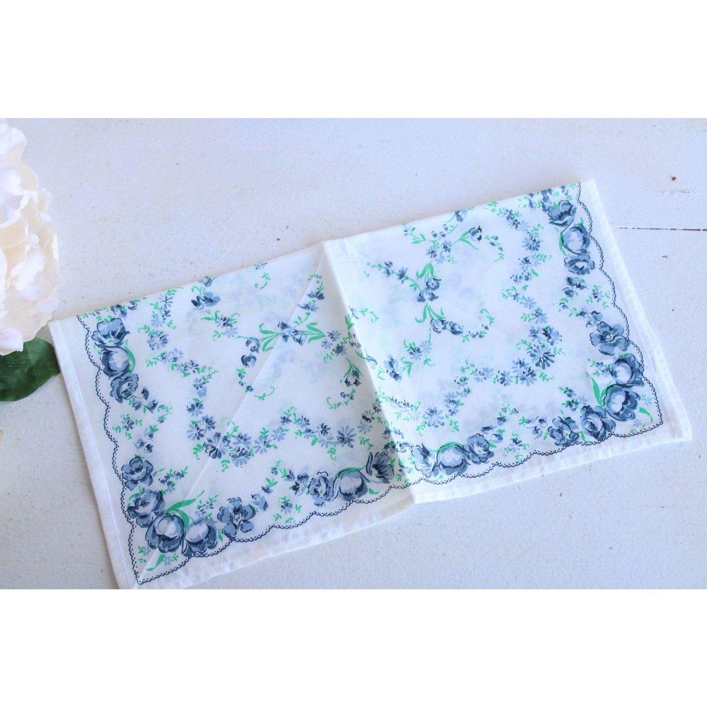 Vintage Blue Roses Floral Print Handkerchief