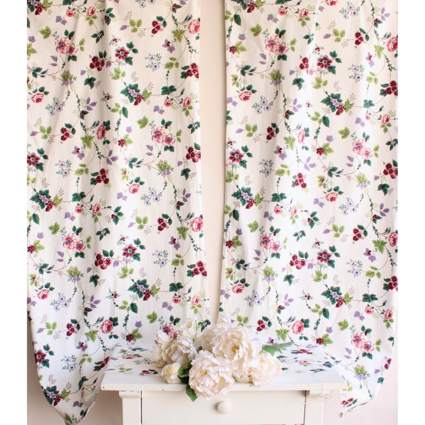 Vintage Pair of Chintz Floral Print Twill Curtains