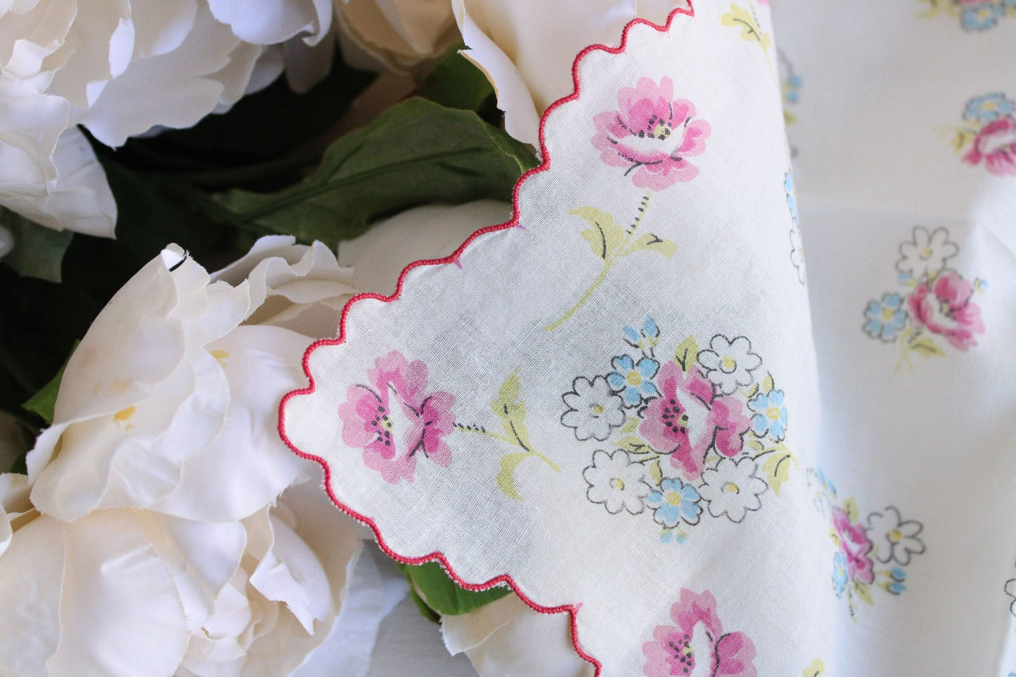 Vintage Pink Roses and Blue Flowers Print Cotton Hanky
