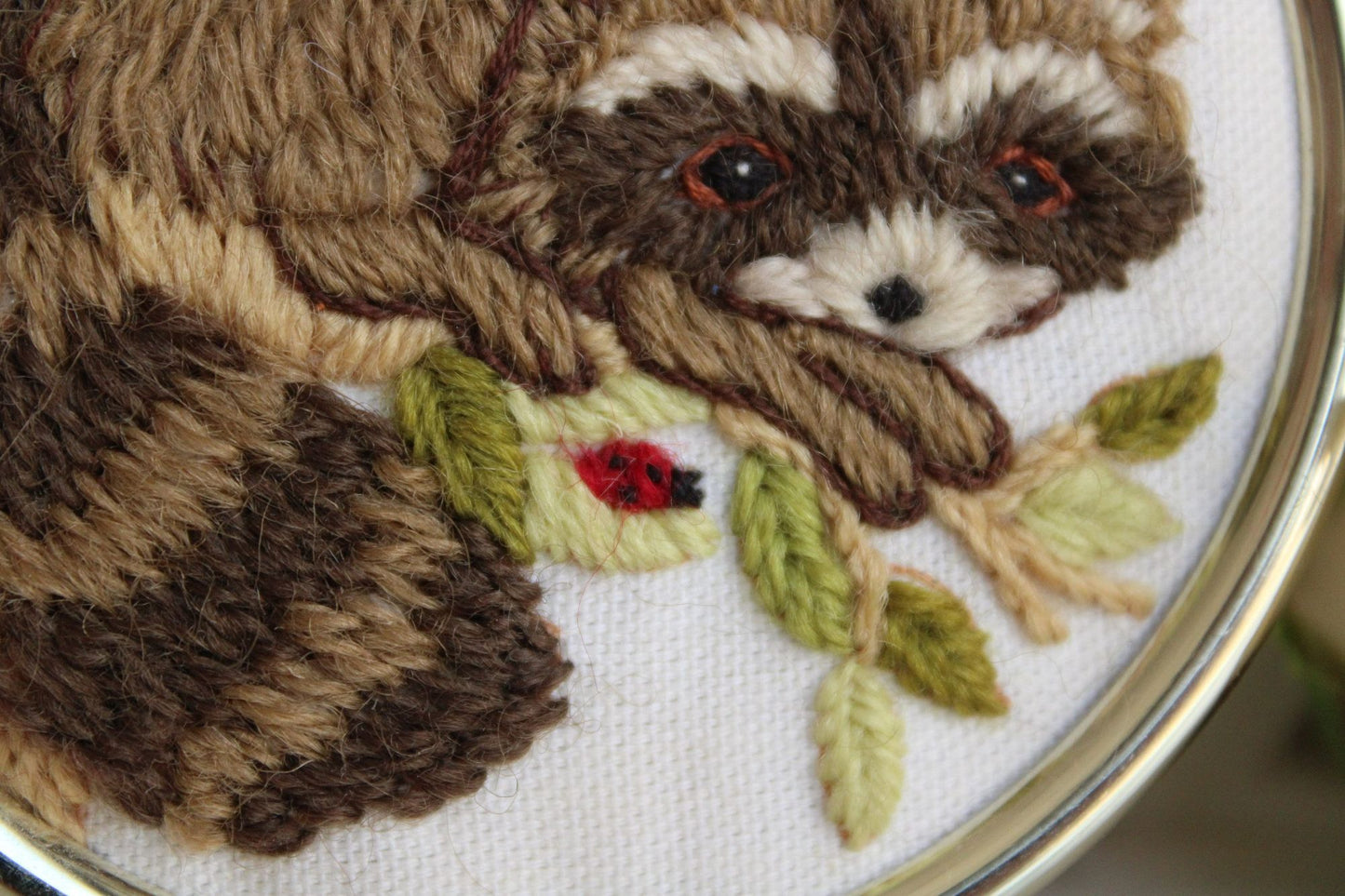 Vintage 1970s 1980s Framed Animal Embroidery of A Skunk and A Raccoon