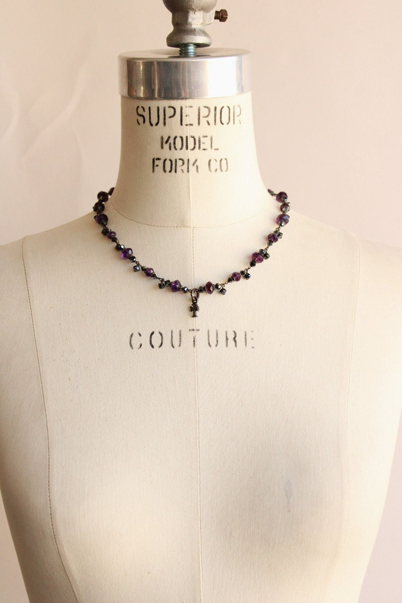 Vintage 1990s Choker with Purple and Black Beads and Small Cross Pendant