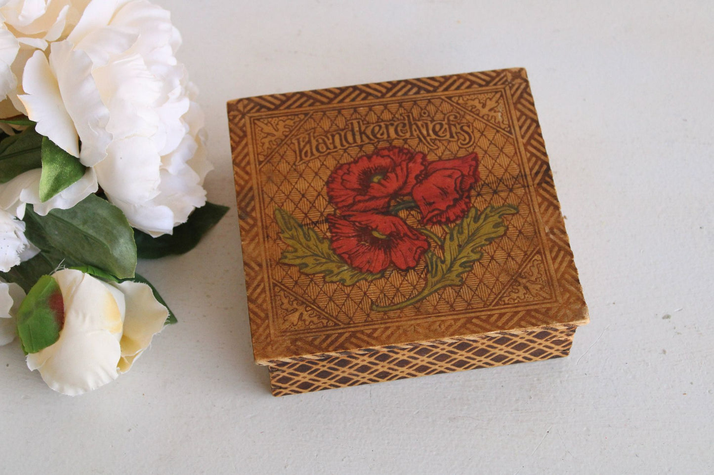 Vintage 1900s 1910s Pyrography Poppy Flowers on Wood Hankie Box