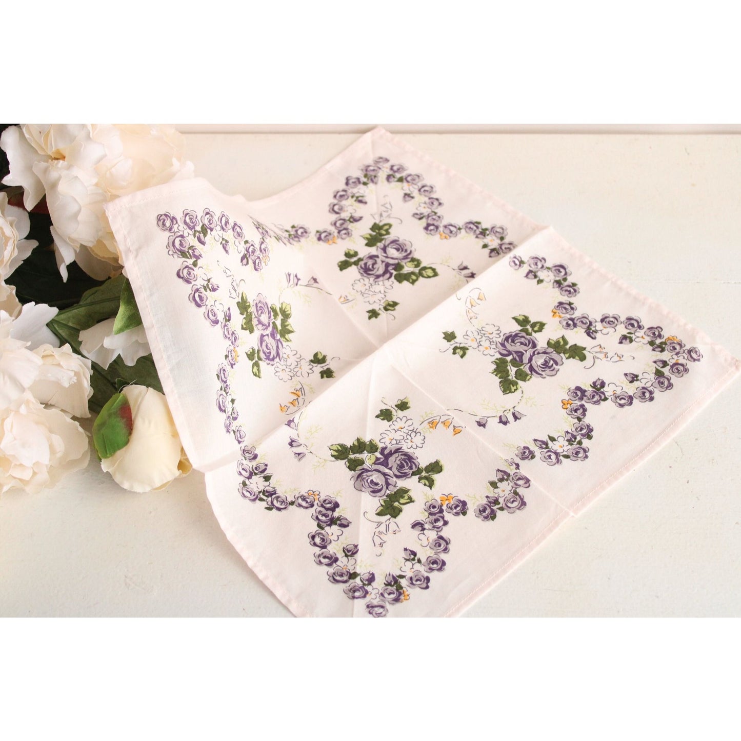Vintage Cotton Handkerchief With A Purple Rose Floral Print