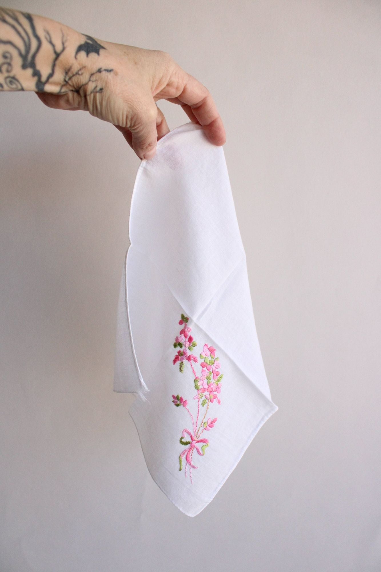 Vintage White Cotton Pink Flower Embroidered Hanky