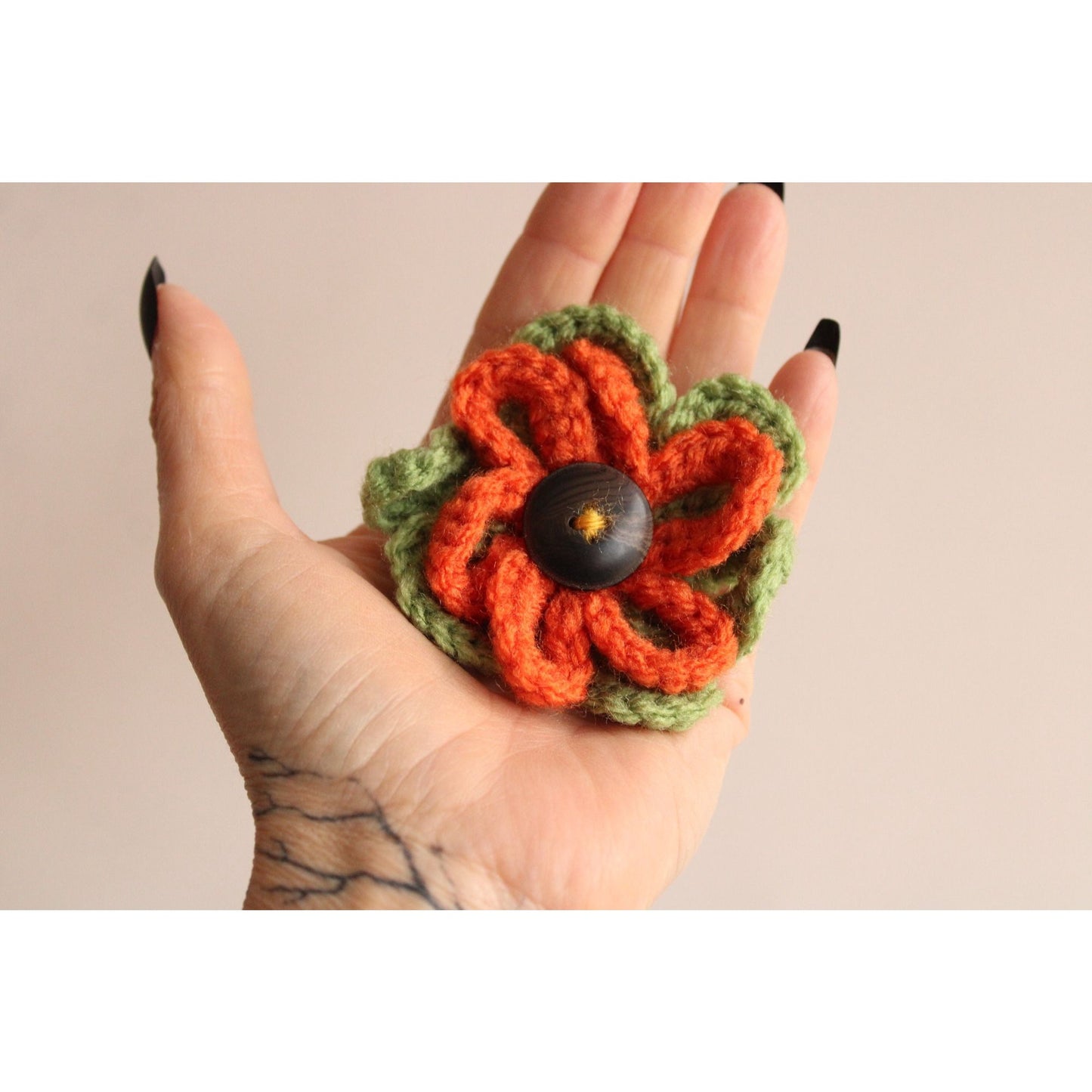 Vintage 1970s Brooch, Knit Flower with Button Center