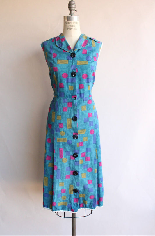 Vintage 1960s Blue Cotton Dress, Plus Size