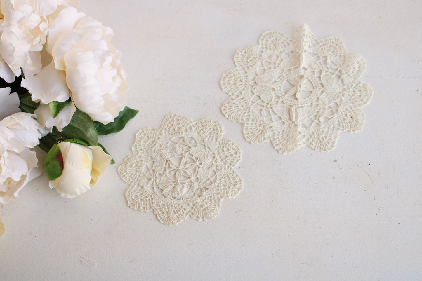 Vintage Doily Set, Ivory Crochet with Butterflies