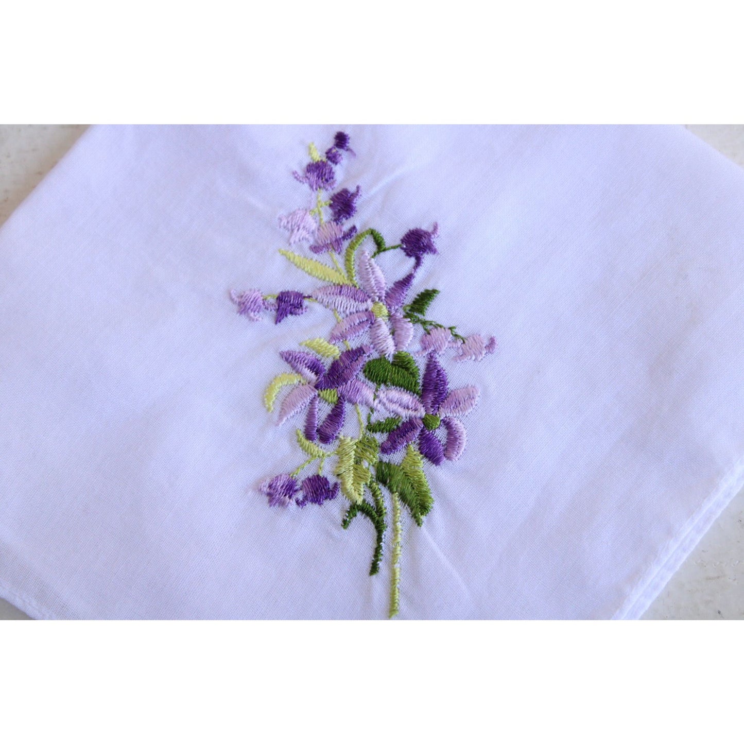Vintage White Cotton With Purple Embroidered Flowers Hankie