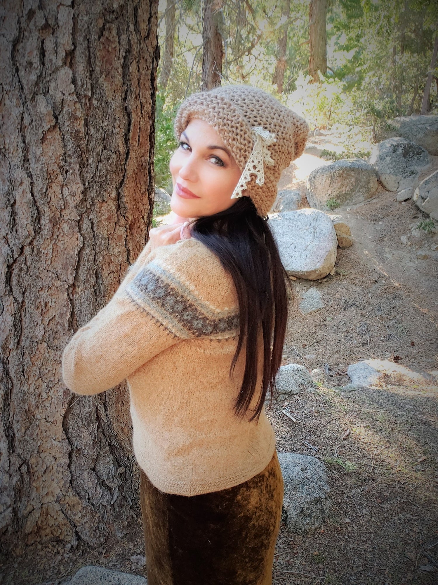 "Wood Elf" Handknit Beanie Hat in Light Taupe Brown, with Vintage Lace Bow