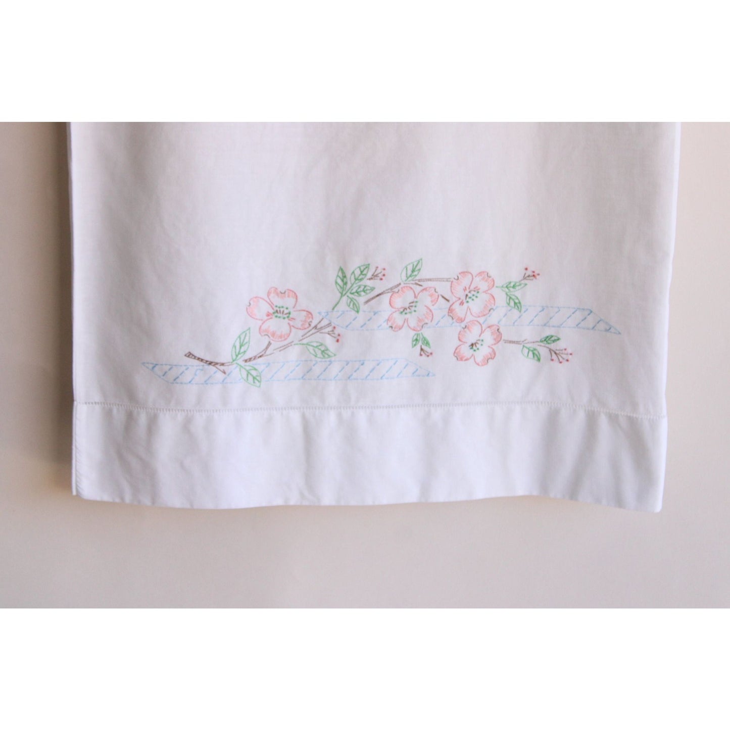 Vintage 1970s 1980s Pillow Case With Embroidered Flowers