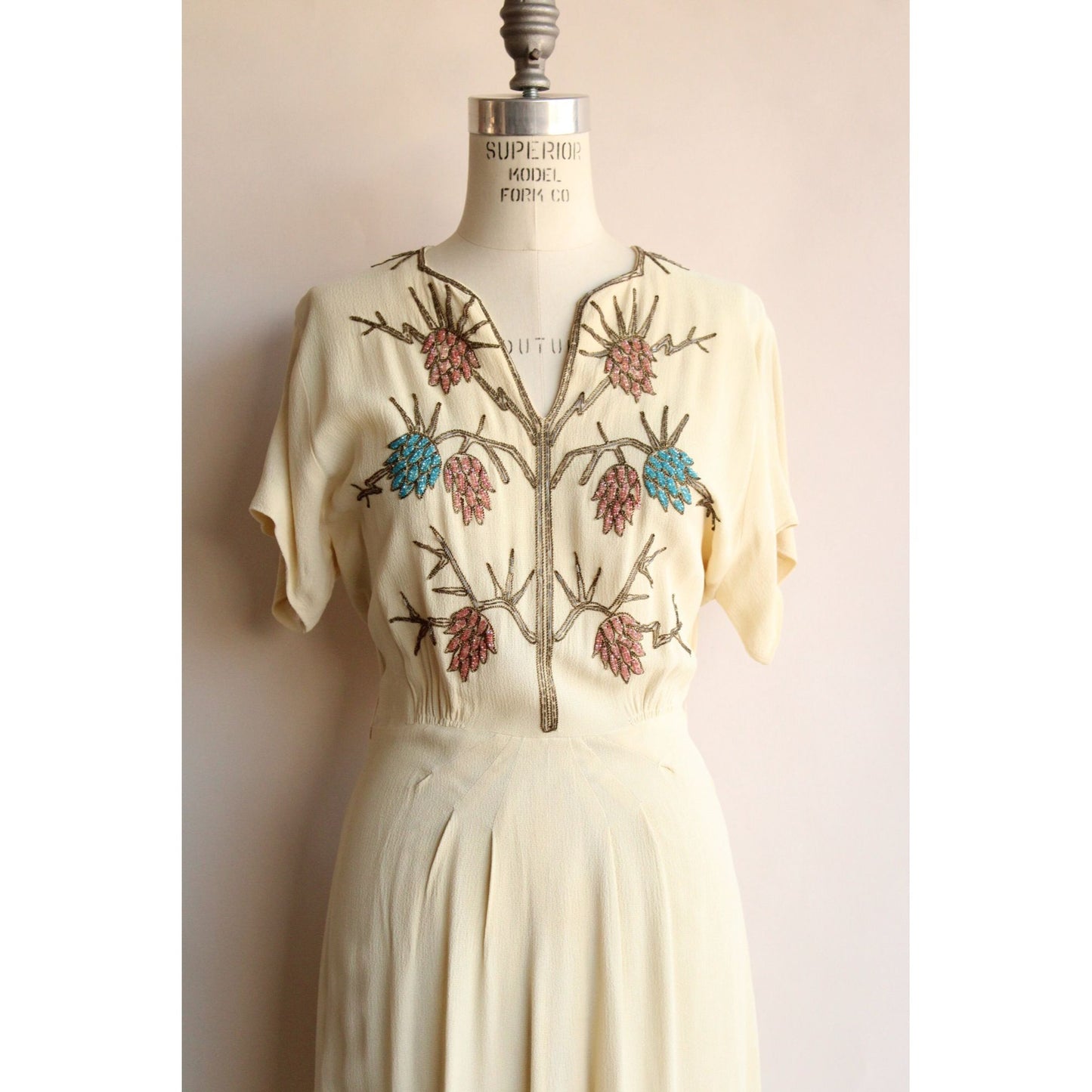 Vintage 1940s Best & Co Rayon Cream Dress with Beaded Bodice