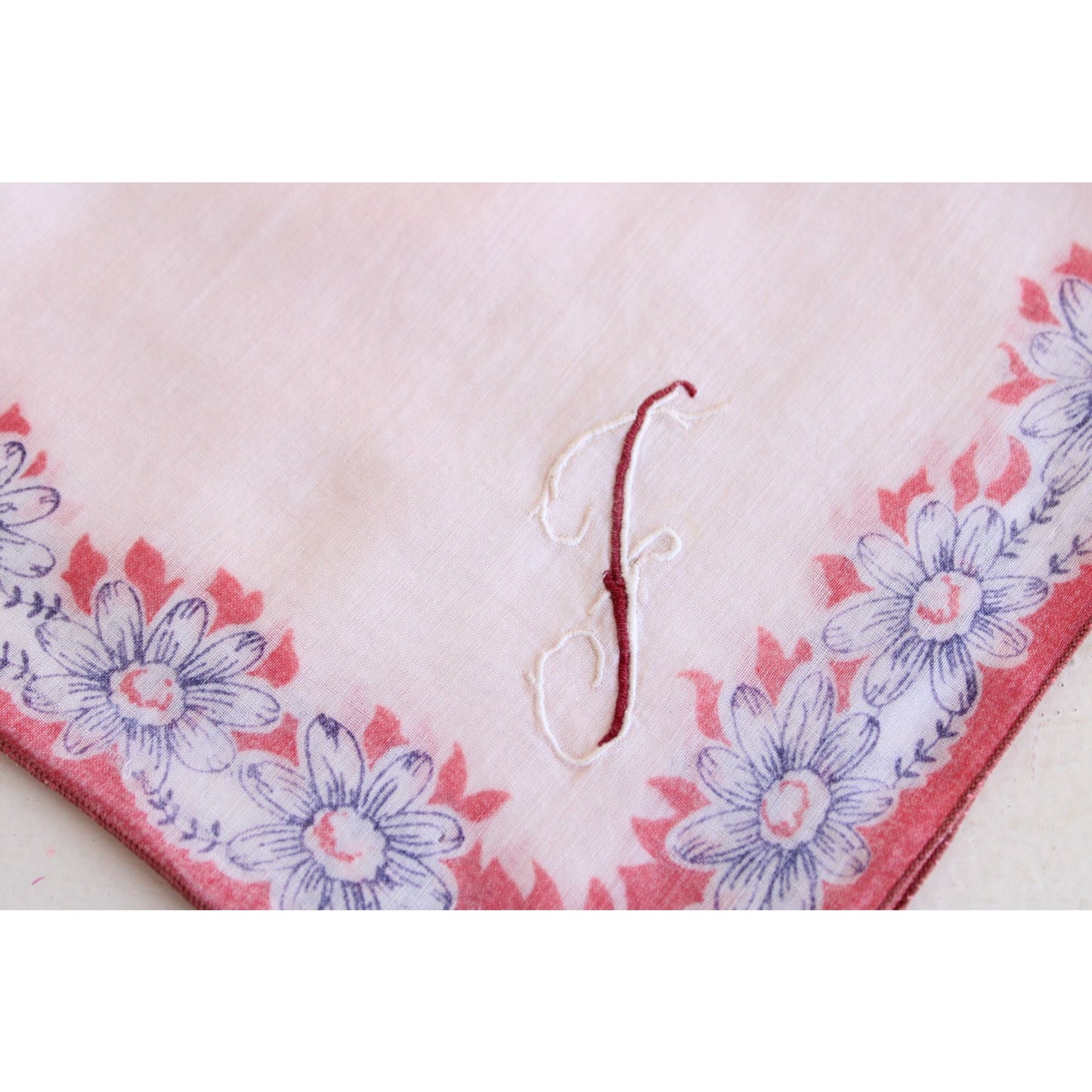 Vintage 1950s Handkerchief Monogrammed With Embroidered F
