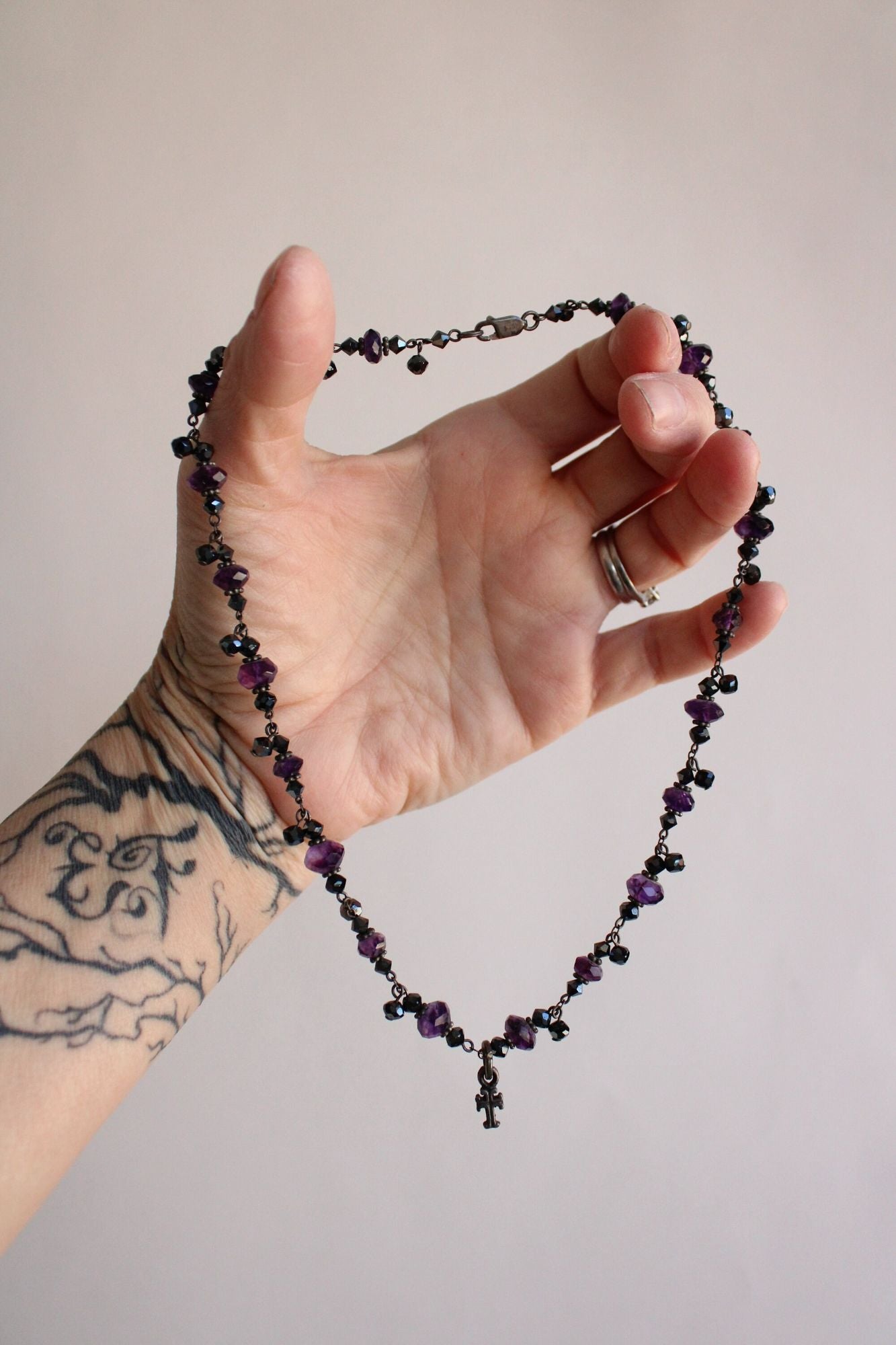 Vintage 1990s Choker with Purple and Black Beads and Small Cross Pendant