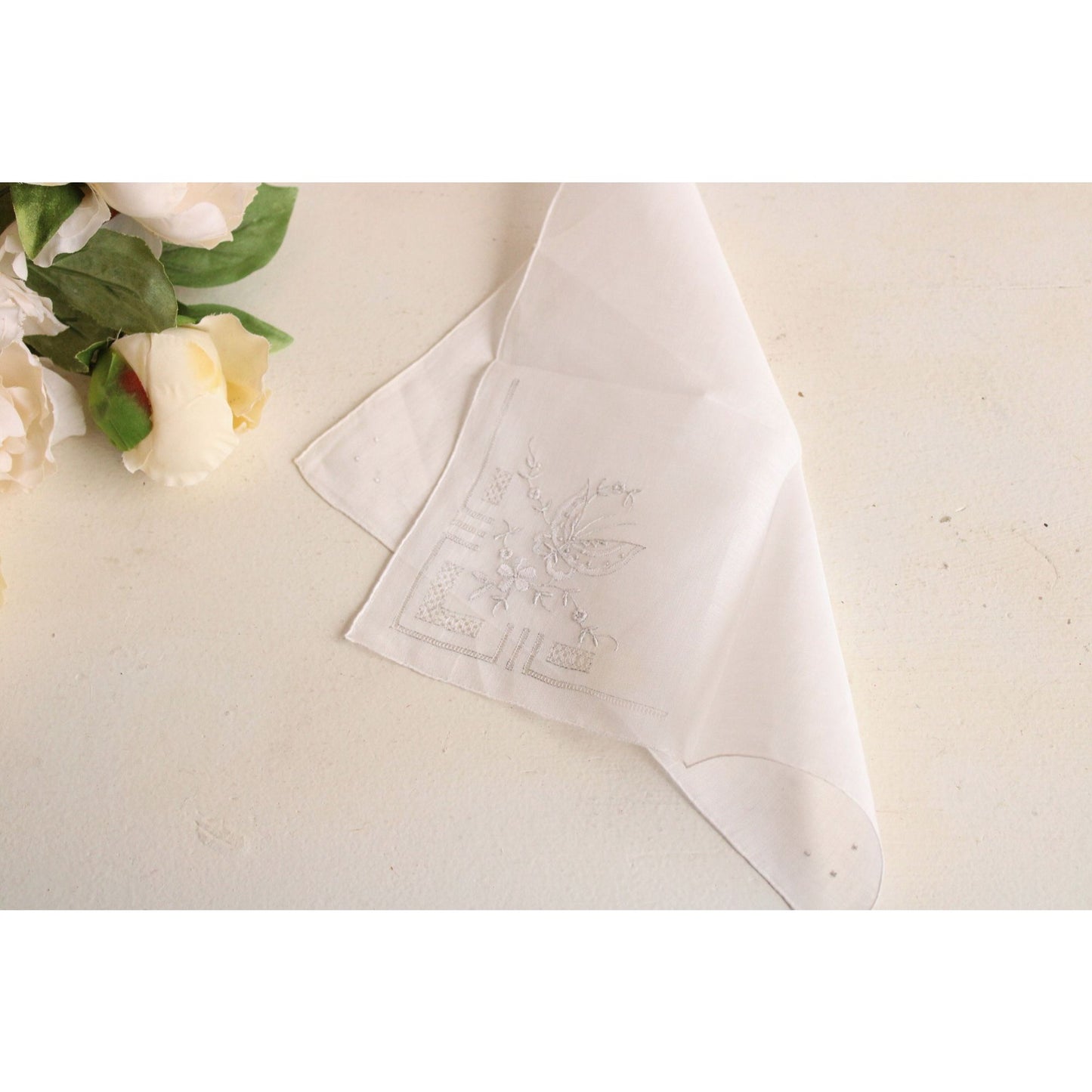 Vintage Embroidered Gray Butterfly And White Linen Handkerchief