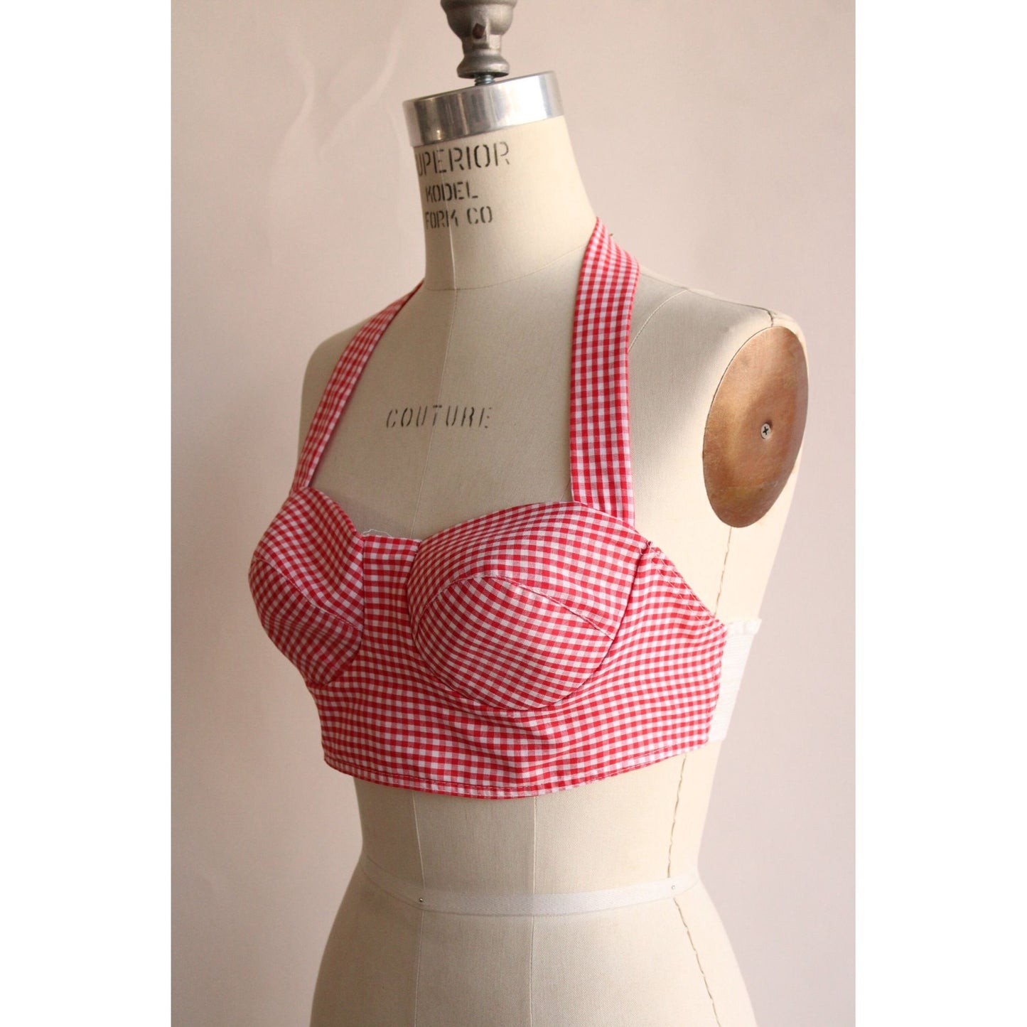Vintage 1990s 2000s Red and White Gingham Check Halter Bra Top