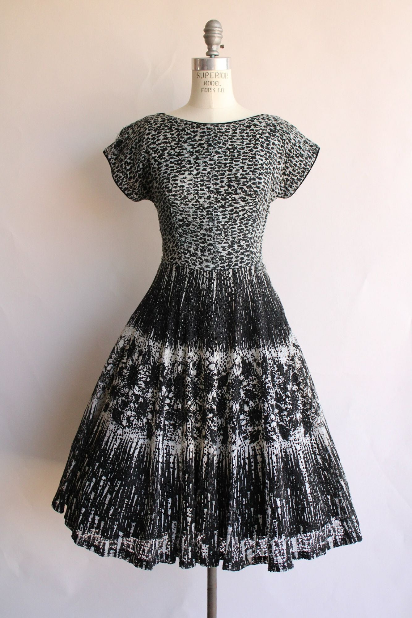 Vintage 1950s Black and White Open Lace Dress