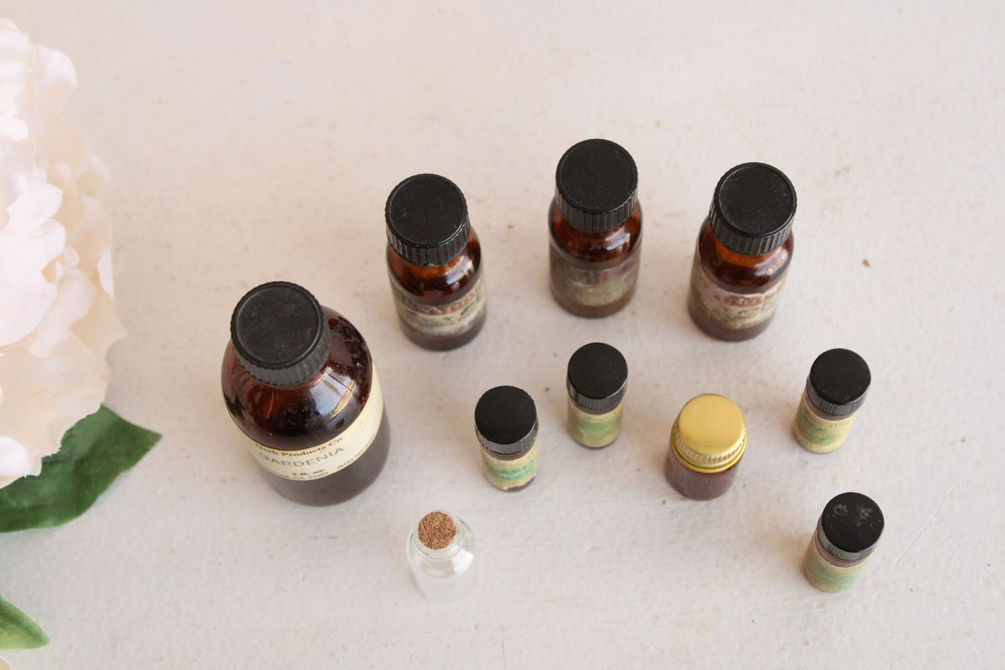 Lot of 10 Glass Essential Oil Bottles, Empty, Brown and Clear, Variety of Sizes and Shapes
