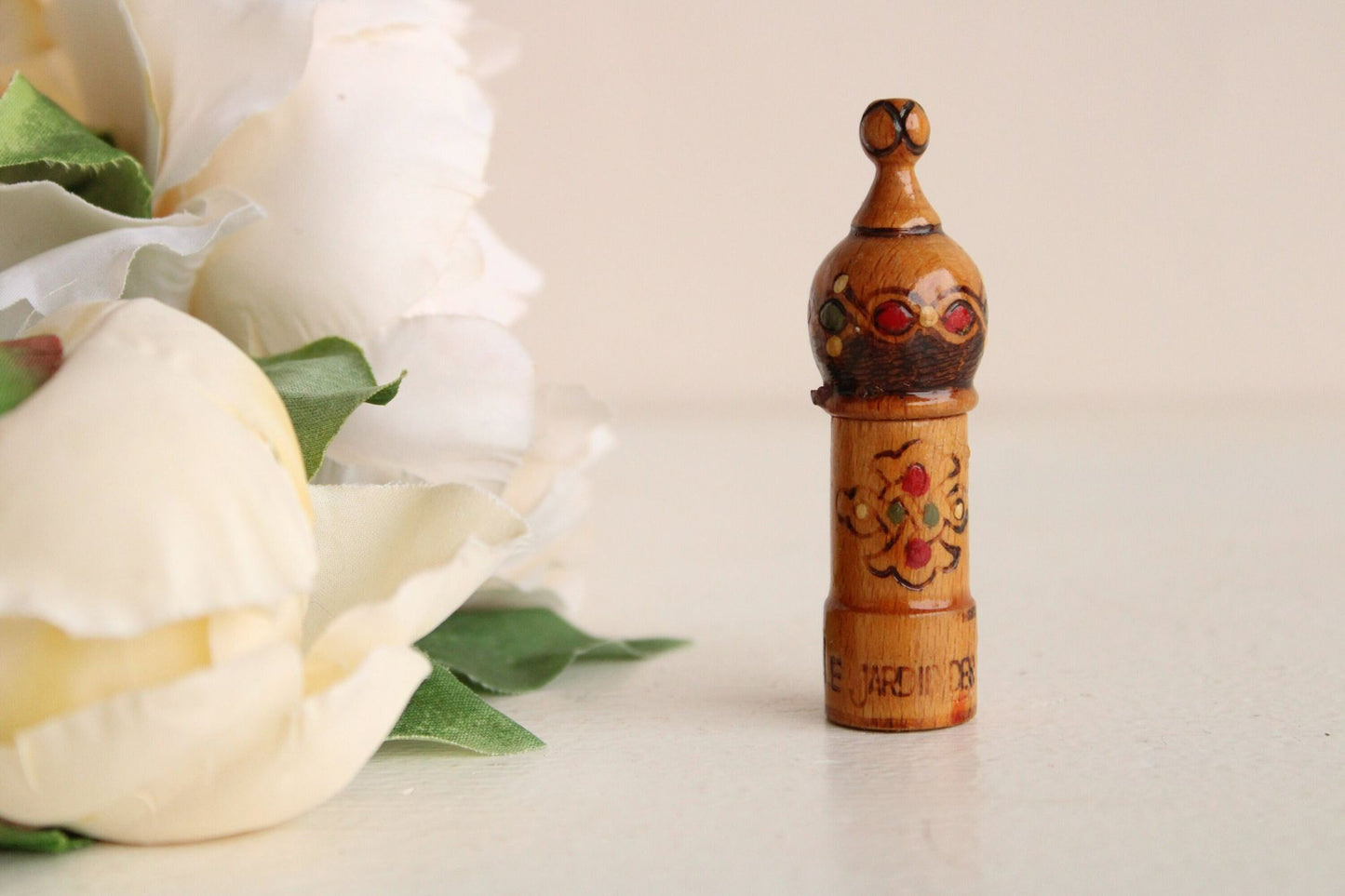 Vintage Bulgarian Rose Oil Container in Hand Painted Carved Wood