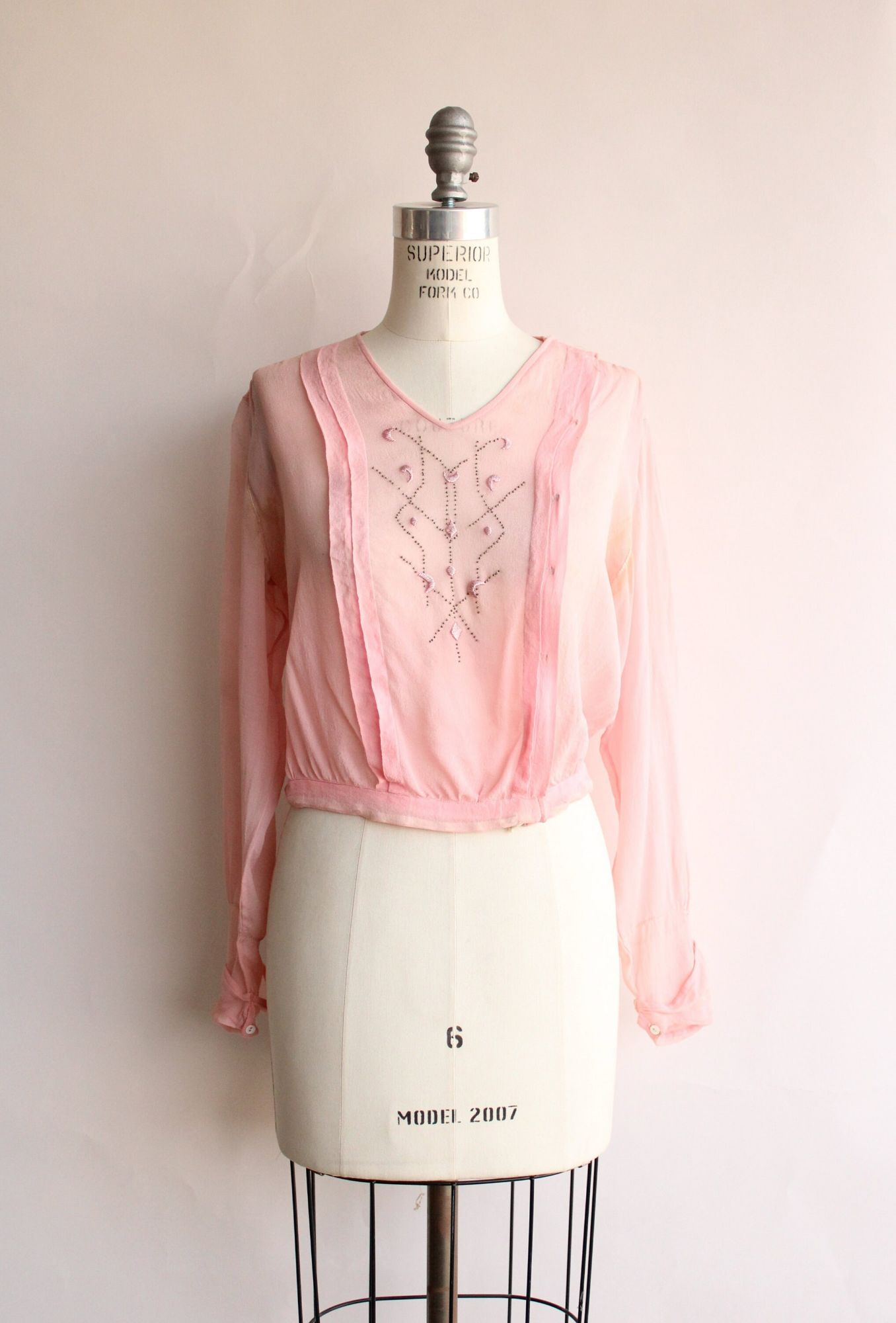 Vintage 1910s Pink Silk Chiffon Top with Beaded and Embroidered Front