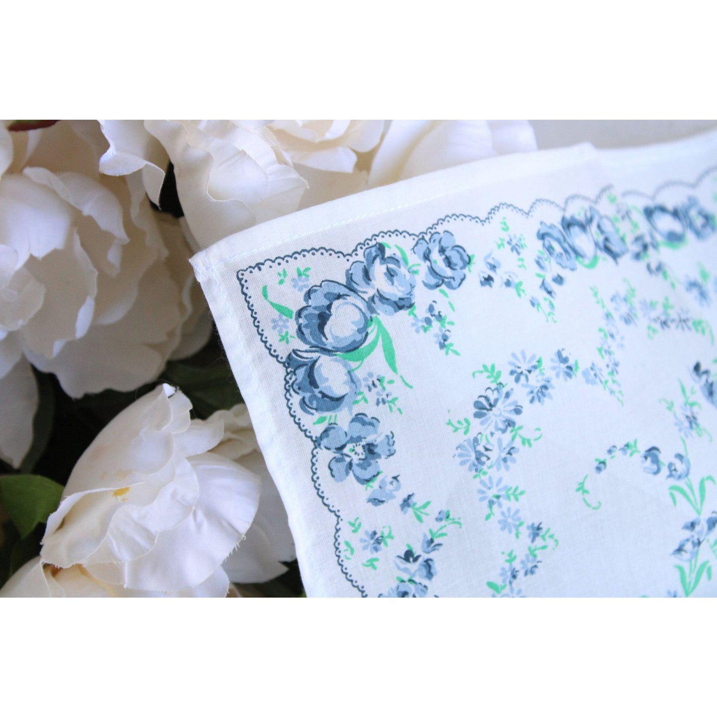 Vintage Blue Roses Floral Print Handkerchief