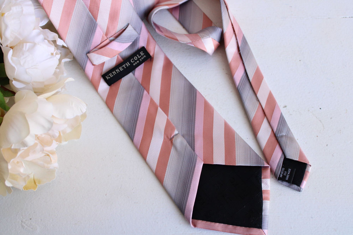 Kenneth Cole Tie, Silk, Peach, Gray and Pink Diagonal Stripes,  62" Long