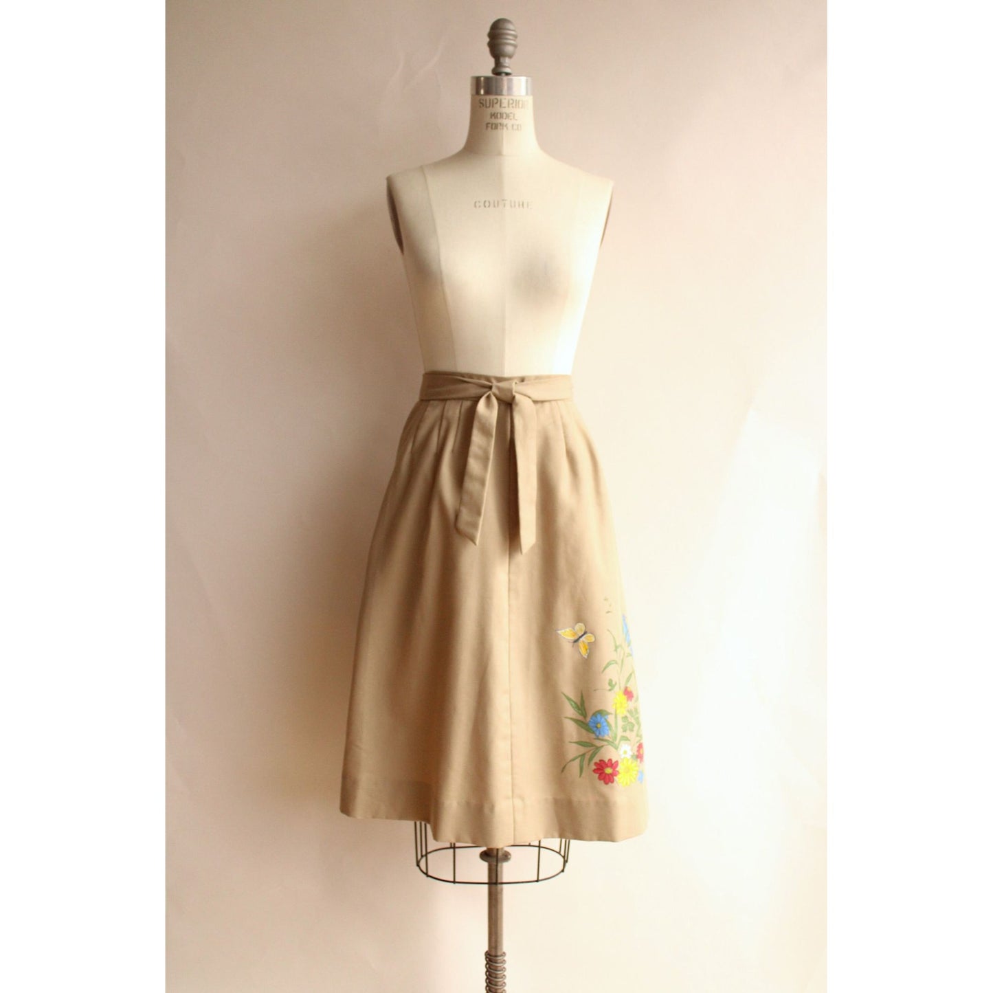 Vintage 1970s Khaki Wrap Skirt with Handpainted Flowers and Butterfly