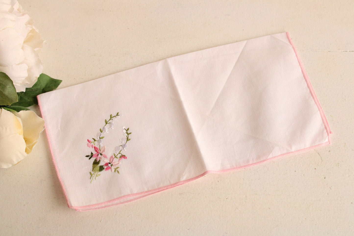 Vintage White Cotton With Pink Embroidered Flowers Hankie