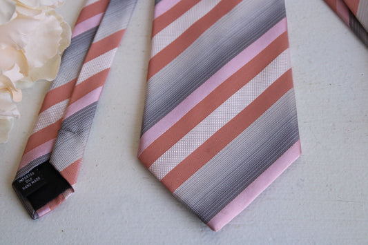 Kenneth Cole Tie, Silk, Peach, Gray and Pink Diagonal Stripes,  62" Long