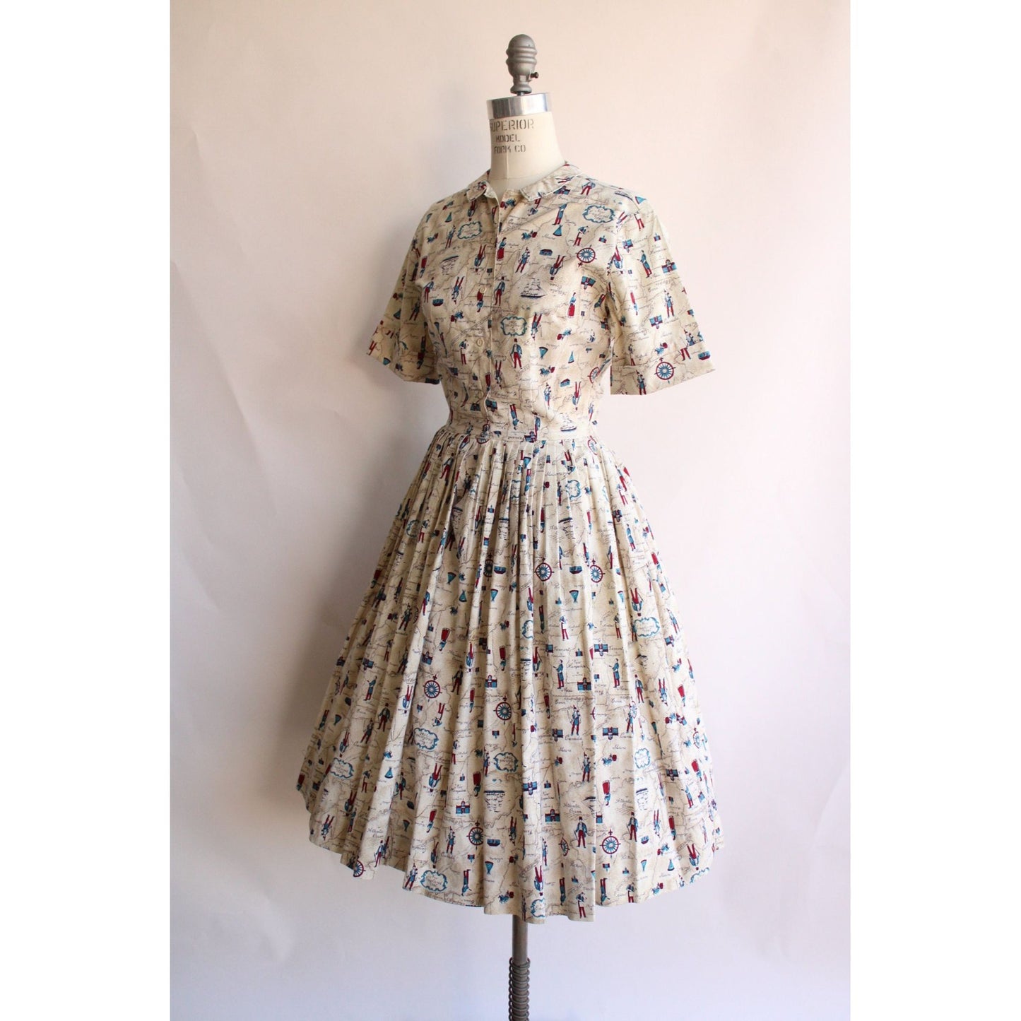Vintage 1950s Novelty Print Dress with Belt and Pocket