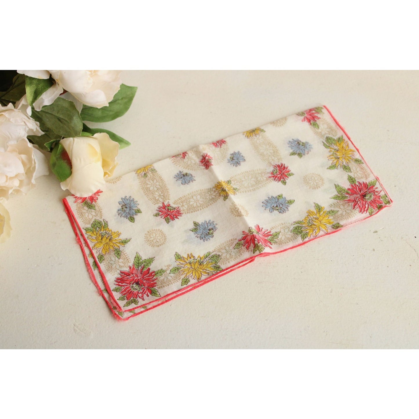 Vintage 1940s 1950s Red, Bue and Yellow Flower Print Cotton Hanky