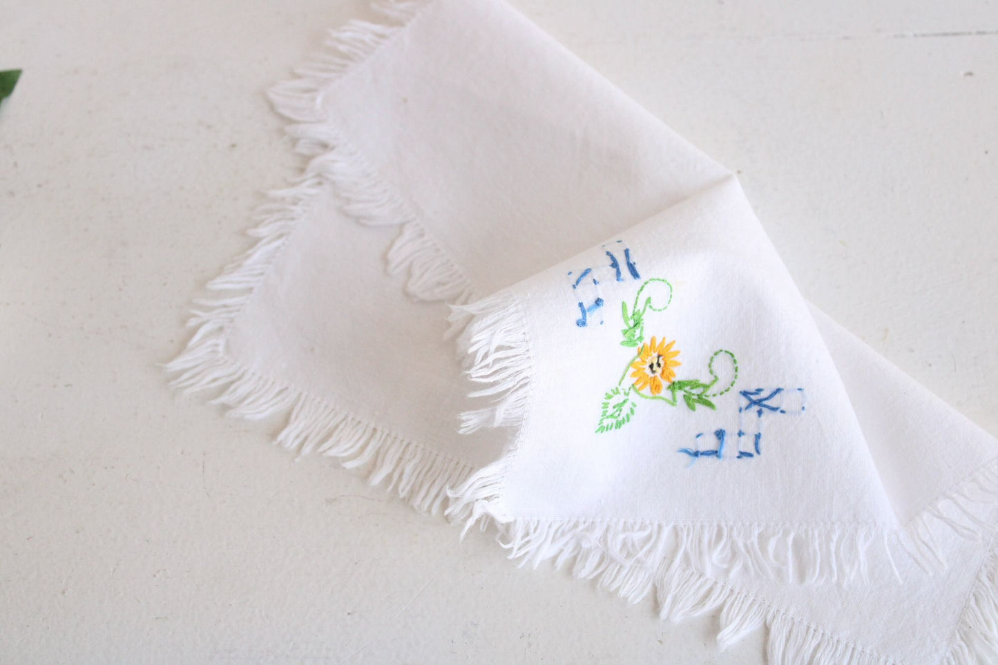 Vintage 1960s 1970s White Cotton With Embroidered Flowers and Fringe Hankie