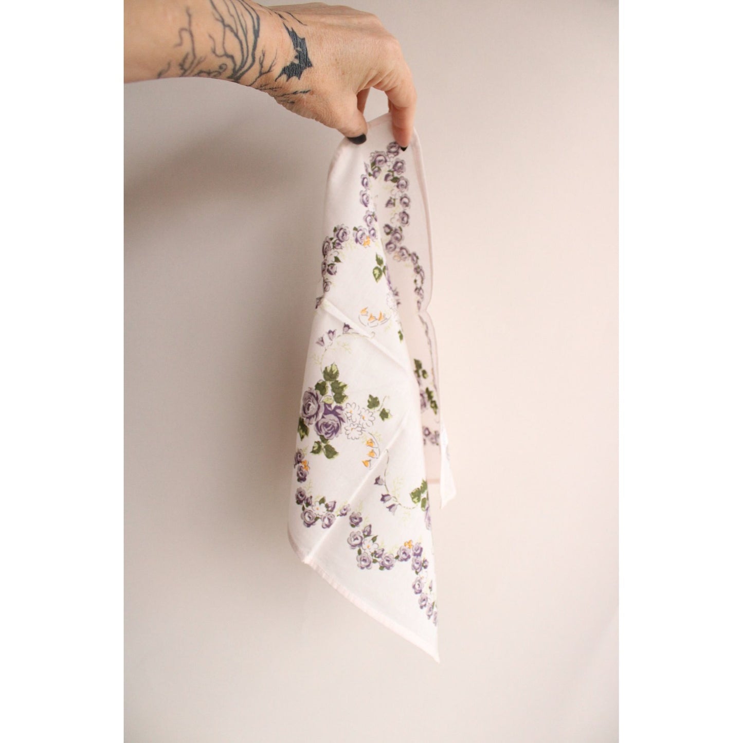 Vintage Cotton Handkerchief With A Purple Rose Floral Print