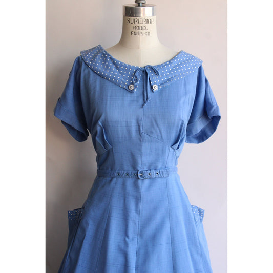 Vintage 1950s Plus Size Sky Blue Dress with Pockets and Belt