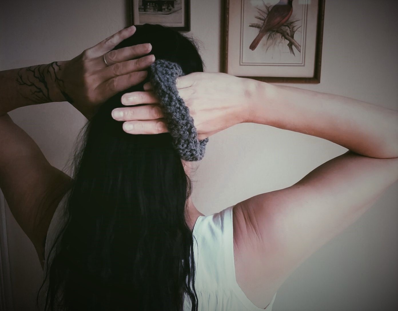 Handknit Gray Hair Scrunchie in Stormcloud, For Thick Hair