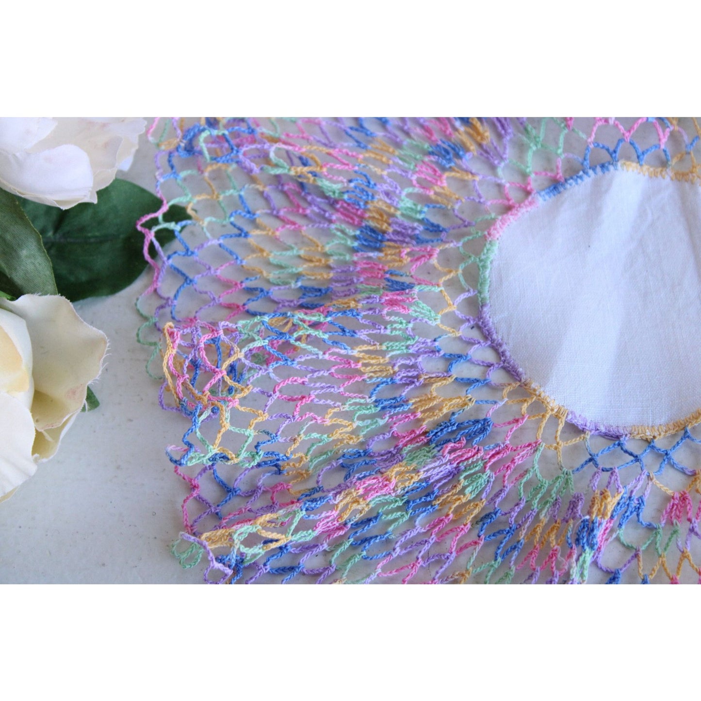 Vintage 1960s White Linen Doily with Rainbow Crochet Lace