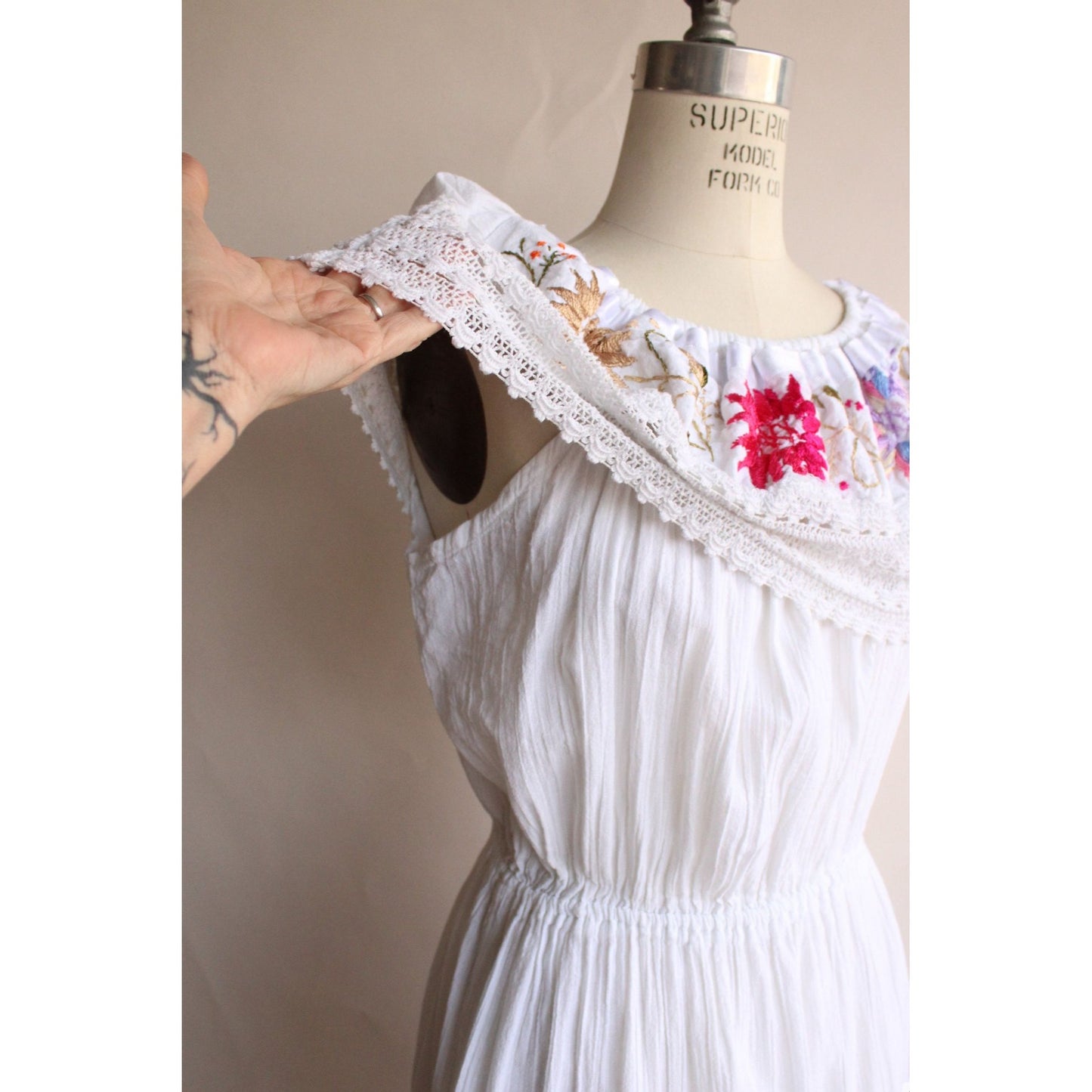Vintage 1970s 1980s Dress,  White Cotton Embroidered Peasant Dress, Large Size