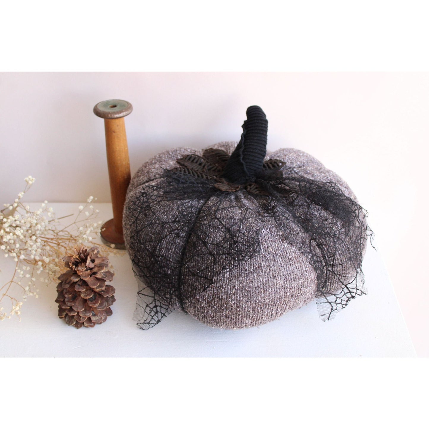 Extra Large Knit Pumpkin Pillow Pouf in Gray Tweed With Black Spiderweb Lace