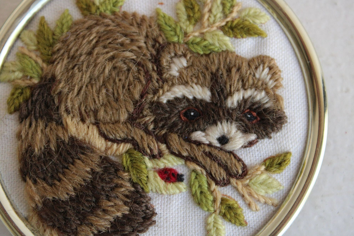 Vintage 1970s 1980s Framed Animal Embroidery of A Skunk and A Raccoon