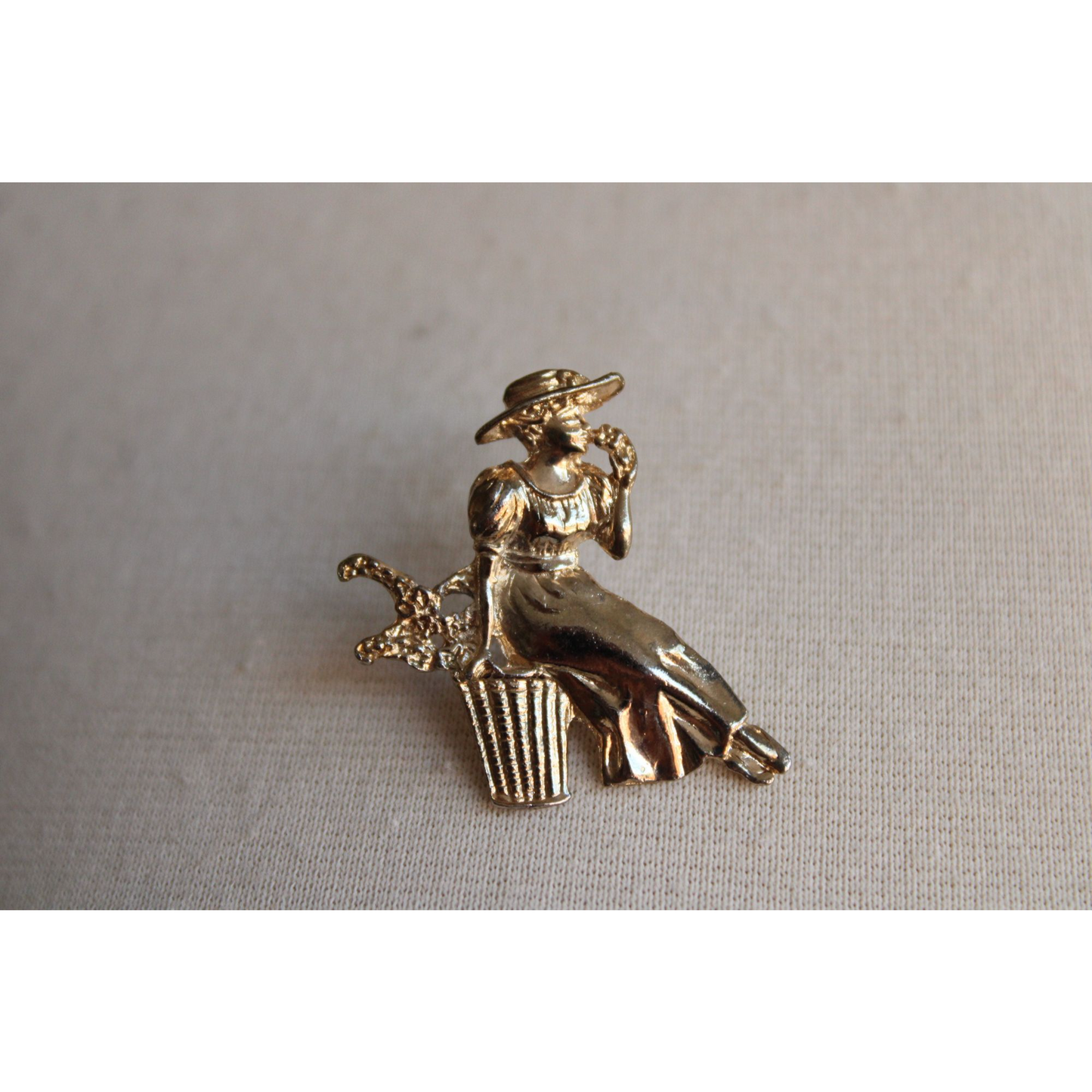 Vintage Brooch,  Woman in Hat with Flowers Gold Tone Clothing Pin