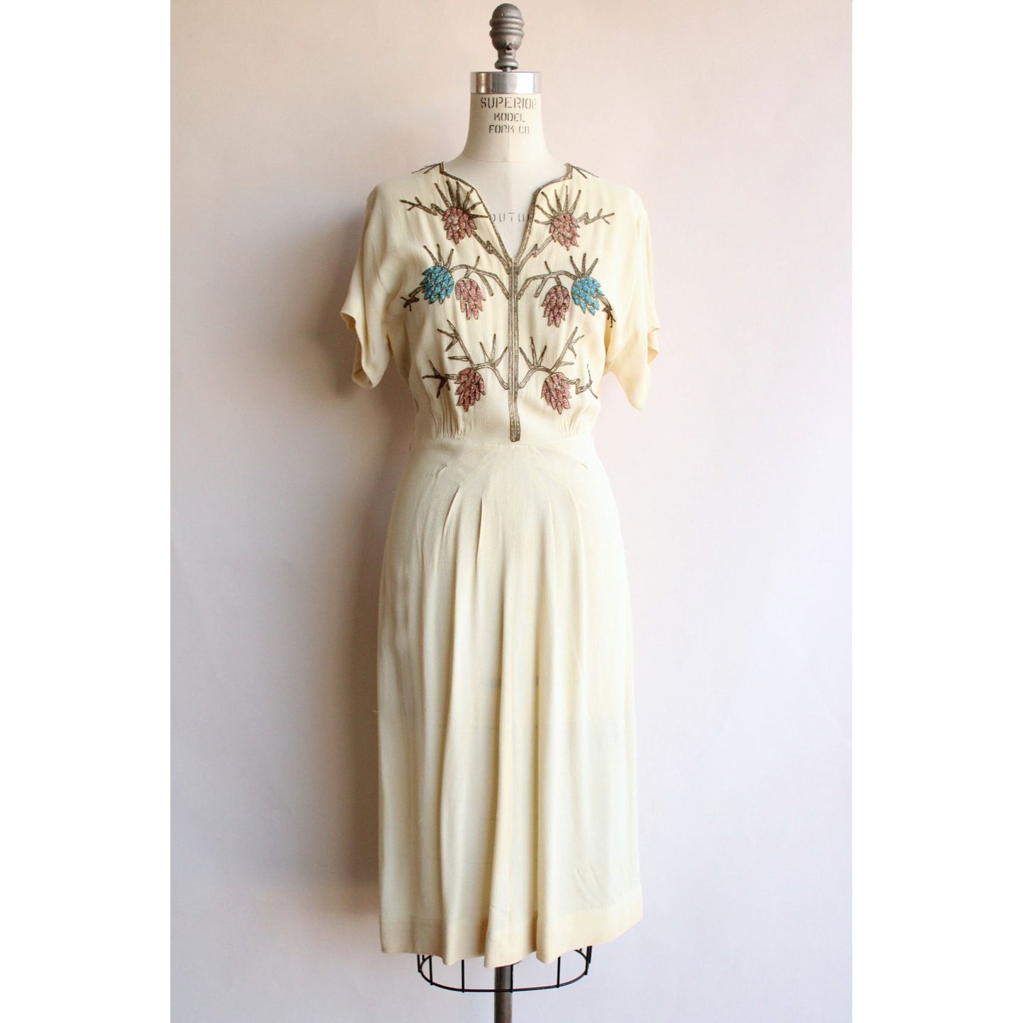 Vintage 1940s Best & Co Rayon Cream Dress with Beaded Bodice