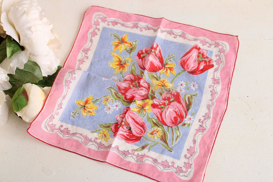 Vintage Pink Floral Tulip Print with Yellow Flowers Hanky